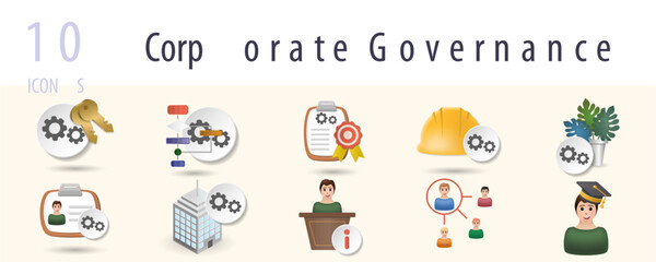 Fototapeta premium Corporate governance set. Creative icons: key management, operation management, quality control management, safety management, environment management, account management, office management