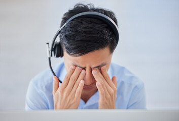 Business man, telemarketing and headache with eye strain from computer 404 and consulting fail....