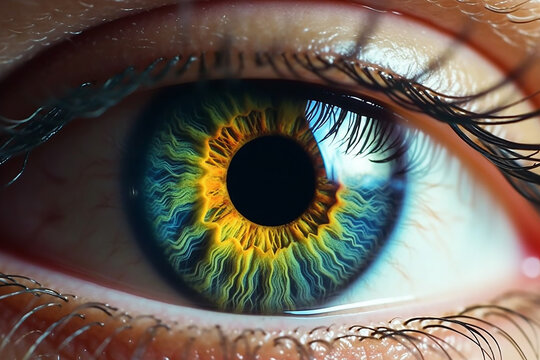 A close up of a human eye with a rainbow colored pupil. Generative AI