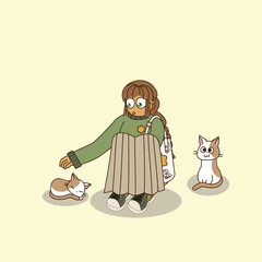 a teenage girl is crouching petting a street cat