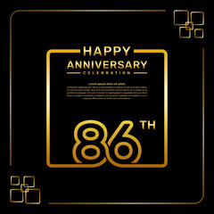 86 year anniversary celebration logo in golden color, square style, vector template illustration