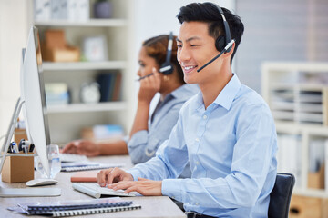 Business man, telemarketing and call center consultation in a office working on a computer. Smile, male worker and web support advice of a contact us employee with professional communication at job