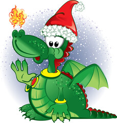 Obraz premium Vector illustration of the green funny dragon wearing a Santa hat with white copy space