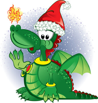 Vector illustration of the green funny dragon wearing a Santa hat with white copy space