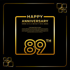 89 year anniversary celebration logo in golden color, square style, vector template illustration