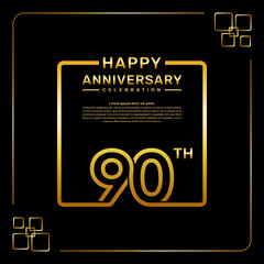 90 year anniversary celebration logo in golden color, square style, vector template illustration