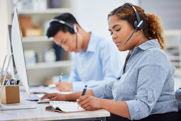 Telemarketing, business woman writing and contact us help in a office with notes at desk. Call...