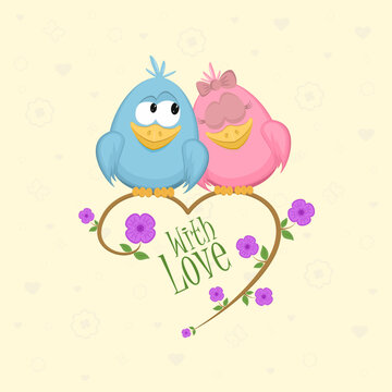 Love birds on the branch with flowers and leaves. Vector Illustration.