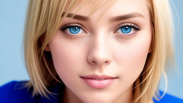 Portrait of a lovely young blonde woman on a blue background.Digital creative designer art.AI illustration