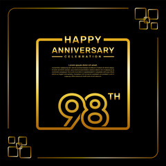 98 year anniversary celebration logo in golden color, square style, vector template illustration