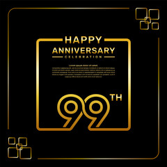 99 year anniversary celebration logo in golden color, square style, vector template illustration