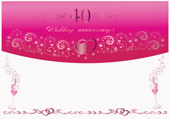 Ruby wedding 40th anniversary invitation. Original abstract beautiful vector illustration. Banner. Rose gold pattern. Glasses of champagne. Wedding rings, hearts