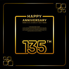 135 year anniversary celebration logo in golden color, square style, vector template illustration