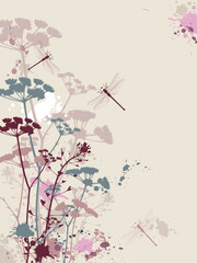 Background with flowers,dragonfly and grunge effect
