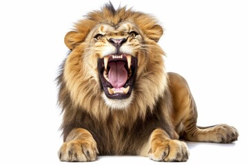 Fototapeta premium Lion sitting, pulling a face, looking at the camera. Generative AI