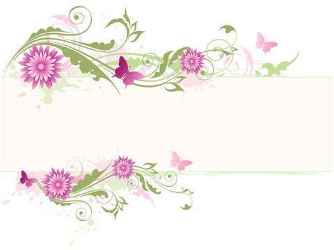 vector floral background with pink flowers and green ornament