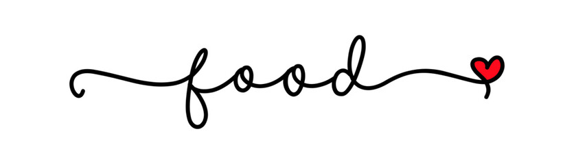 Food love. Vector logo word. Design for t-shirt, poster, banner, menu cafe. Hand drawn calligraphy text. Typography food logo with heart symbol. Signboard food text icon.
