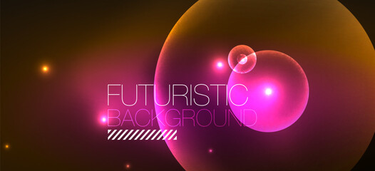 Shiny neon geometric abstract background. Glowing lights on round shapes, triangles and circles. Wallpaper for concept of AI technology, blockchain, communication, 5G, science, business