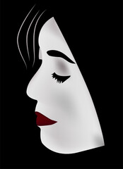 A black and white hooded face of a woman with long eyelashes and red lips.