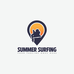 summer surf logo men surfing on big wave surfboard vector image