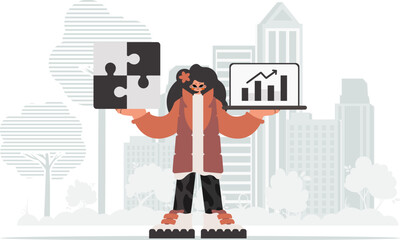 The energized woman is holding a overwhelm and a positivegrade chart. Thought bunch work. Trendy style, Vector Illustration