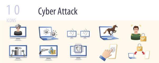 Cyber attack icons set. Creative elements: hacker, virus, remote access, trojan horse, authentication, botnet, online robbery, cyber protector, biometric, critical infrastructure.