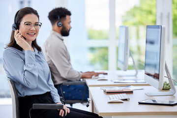 Happy woman, call center and portrait smile in customer service, support or telemarketing at the office. Friendly female person consultant, agent or virtual assistant in contact us at the workplace