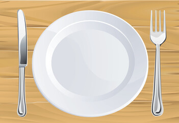 Empty plate and knife and fork cutlery place setting on rustic wooden table