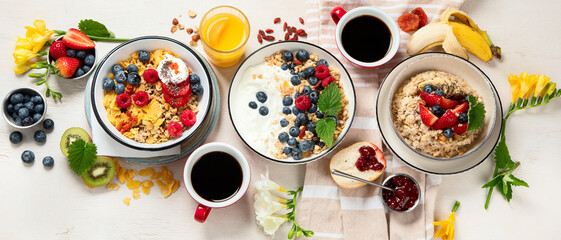 Healthy breakfast set. The concept of delicious and healthy food.