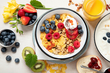 Healthy breakfast set. The concept of delicious and healthy food.