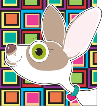 An  illustrated portrait of a pet Chihuahua, set on a colorful background.