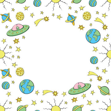 Vector frame, border from cute aliens, planets, stars, Flying Saucers, UFO. Funny color background, decoration on theme of space, kids design