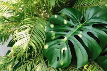 Creative tropical green leaves layout. Nature spring concept. Flat lay. Monstera and palm exotic leaves. Top view. Generative AI