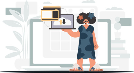 The enthusiastic woman is holding a tablet, which is synchronized with the data capacity. Trendy style, Vector Illustration
