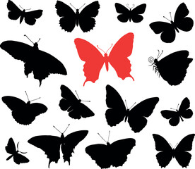Butterfly silhouettes collection isolated in white background.