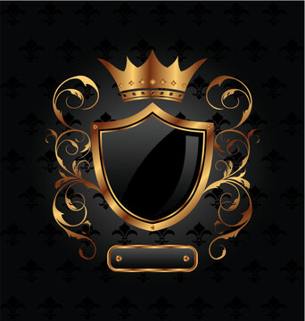 Illustration ornate heraldic shield with crown - vector