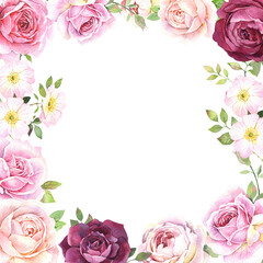 Pink roses frame watercolor illustration on a white background