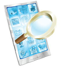 Magnifying glass search icon coming out of phone screen concept