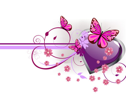 vector illustration of a purple heart and colorful butterflies on a floral background