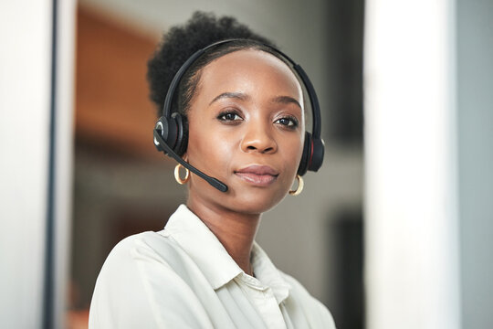 Call center, customer service and portrait of black woman in office for advice, help and telemarketing. Communication, consultant and serious female worker for contact, crm support and consulting