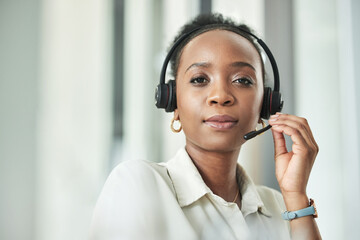 Call center, customer support and portrait of black woman with headset for help, advice and telemarketing. Communication, business and serious female worker for contact, crm service and consulting