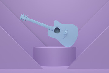 Electric acoustic guitar on cylinder podium with step on monochrome