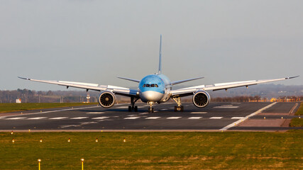 Just landed G-TUIF taxxing off  runway 09 at EMA UK- stock photo - obrazy, fototapety, plakaty