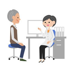 Obraz premium 診察室で女医に説明を受けるシニア男性