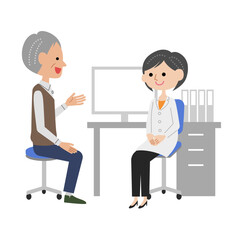 診察室で女医に説明するシニア男性