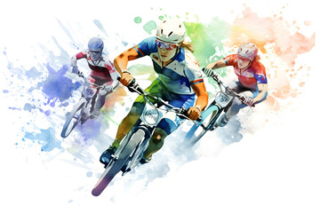 Watercolor design of three female cycling competitors racing - Generative AI