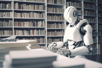 Humanoid robot reads books, works on laptop in modern library. Generative AI