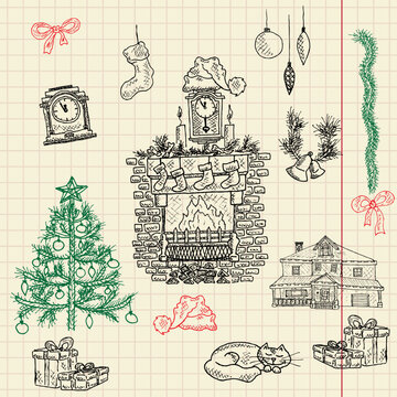Christmas sketch set composed of christmas tree, fireplace, gift boxes, garland, clock, cat, bells, bows, pine branch, hat, sock and house=) Vector illustration, eps10!
