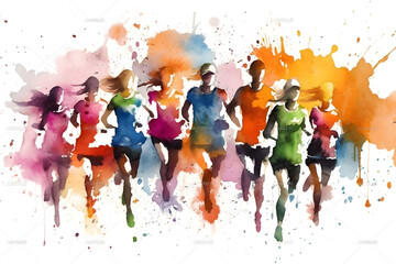 Watercolor design of many marathon runner - Generative AI