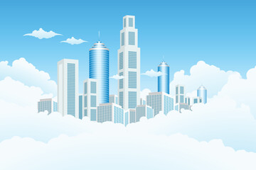 New modern city in clouds with blue sky